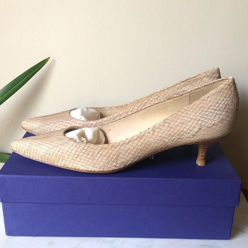 Stuart Weitzman Tan Wood Snake Pointed-Toe Kitten Heels